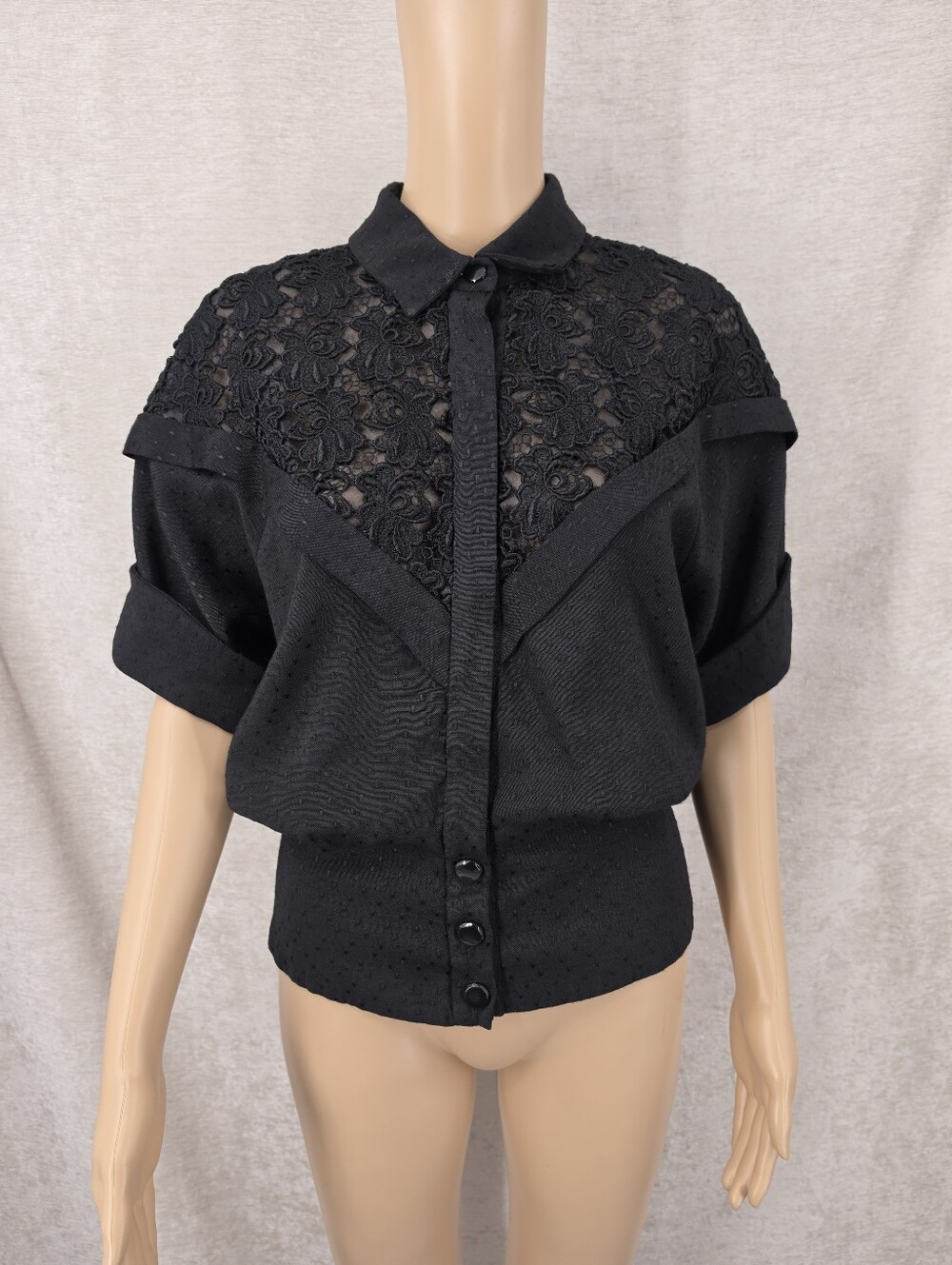 Rescala Black Lace Yoke Button-Front Women's Top Swiss Dot Cinched Waist